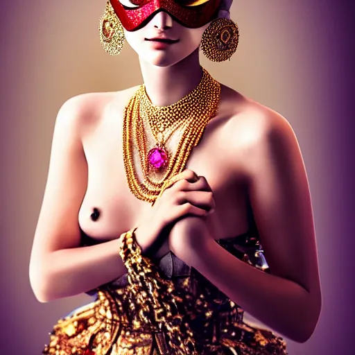 Image similar to a princess with lots of jewelry and an Ultra Lux mask, full body, , photos by Annie Leibovitz, moody, models by 500px, dramatic cinematic lighting rendered by octane, 8k, detailed, intricate, clean and textures, trending on artstation, deviantart google images, pinterest