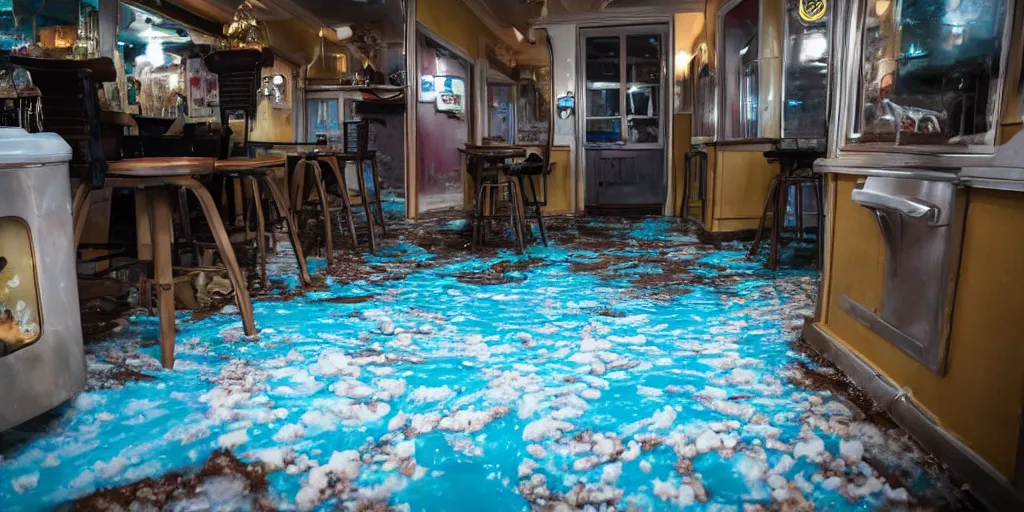 Prompt: inside a leaking freezer of melting ice cream cases is in an old fashioned ice cream parlor. the leak has made a colorful puddle of melted ice cream on the floor and is reminiscent to the shape of werewolf fangs. there is an eerie voluminous blue electric glow to the environment.