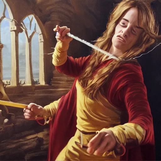 Image similar to hermione granger slapping asterix, oil painting, renaissance 4 k masterpiece