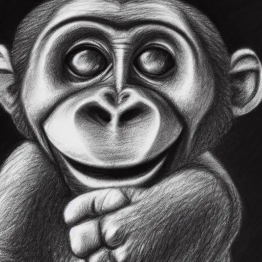 Image similar to happy monkey smiling giving a thumbs up, pencil drawing, dramatic lighting