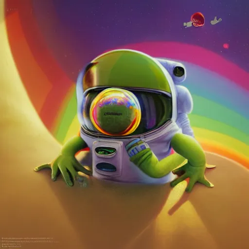Prompt: long shot of a cute baby frog astronaut wearing an astronaut suit and astronaut helmet with rainbow clear glass visor, by esao andrews, by m. w. kaluta, humorous illustration, small depth of field, depth perception, volumetric light, rich psychedelic colors, 3 d octane render, 8 k, conceptart, hyperdetailed, hyperrealistic, trending on artstation