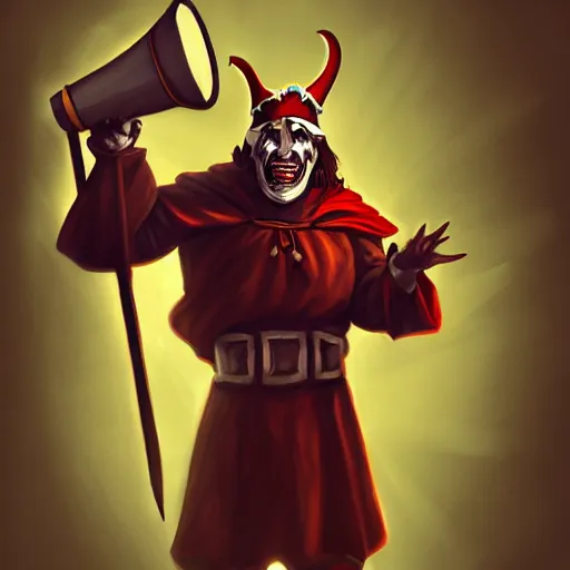 Image similar to of a realistic illustration dumb jester fool crusader knight that is the anti - communism crusader character, full plate, totally mad and yelling, shouting using a megaphone, artstation digital art,,