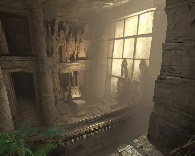 Prompt: screenshot of tomb raider uncharted indiana jones game ps 5, an ancient undiscovered egyptian treasure room entirely made of shiny gold walls, chest full of ingots and gems and precious, concept art, architecture design, pyramids style, rtx, nvidia, renderer, stunning graphics