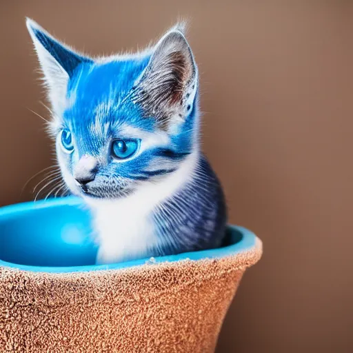 Prompt: a blue kitten sitting on a toilet in the desert