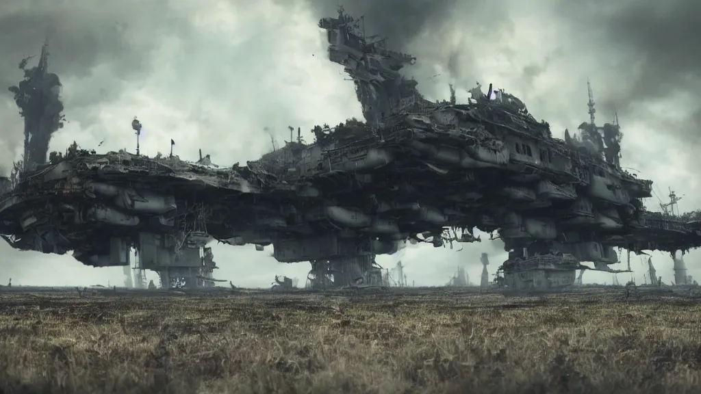 Image similar to an immense steampunk aircraft carrier crashed and burning in a field, thick black smoke billowing, turbulent storm clouds, dystopian, sharp focus, octane render, imax