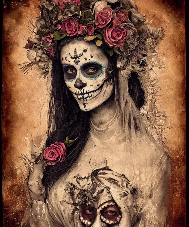 Prompt: tintype virgin mary in dia de muertos dress and make up, horrific beautiful vibe, evocative, atmospheric lighting, painted, intricate, highly detailed, leesha hannigan, wayne haag, reyna rochin, ignacio fernandez rios, mark ryden, iris van herpen, artstation, cgsociety