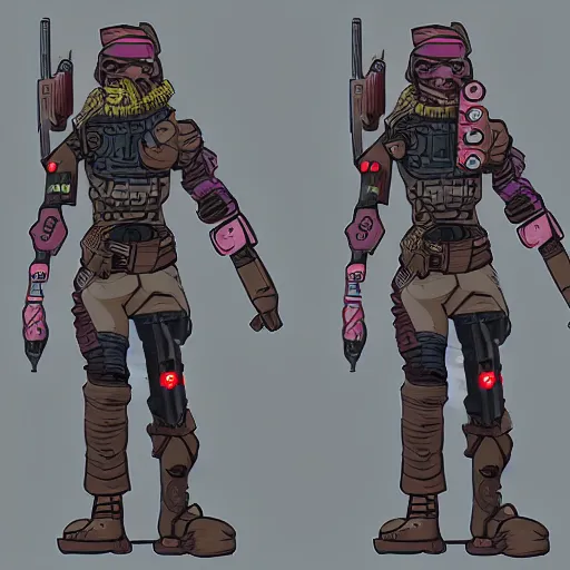 Prompt: character concept design of a cyberpunk soldier