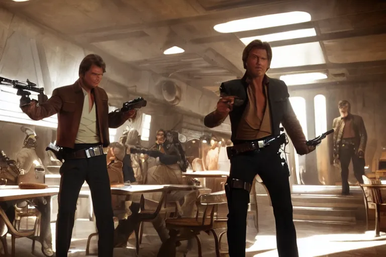 Prompt: film still of clint eastwood man with no name as han solo aiming a 4 4 magnum in new star wars, inside a tavern, 4 k