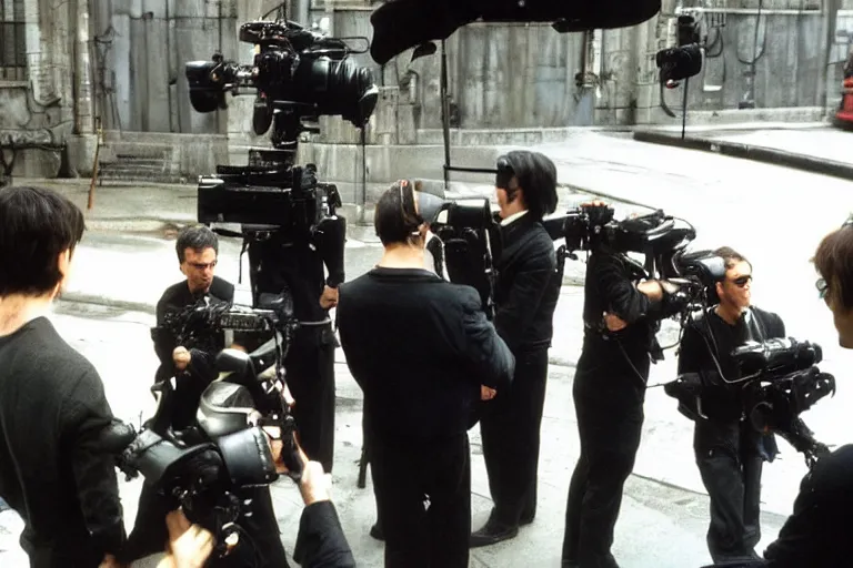 Image similar to Cinematography a behind the scenes shot from matrix movie. Hollywood. Camera crew. Keanu reeves. Watchowsky brothers. Cinema. by Emmanuel Lubezky