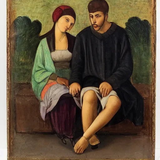 Prompt: a couple sitting on a park bench, fayum portrait