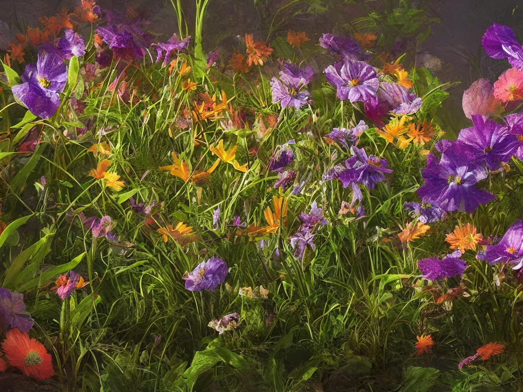 Image similar to sunlight study, wildflower undergrowth, art nouveau, by rachel ruysch and albert bietstadt and ( ( ( ( ( lisa frank ) ) ) ) ), 8 k, sharp focus, octane render, kauai