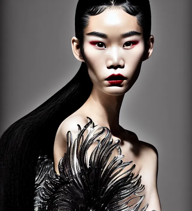 Image similar to photography american portrait of stunning model ming xi. great hair style, half in shadow, natural pose, natural lighing, rim lighting, wearing an ornate stunning sophisticated outfit made of of rigid and fluid well structured parts, created by iris van herpen, with a colorfull newbaroque makeup by benjamin puckey, highly detailed, skin grain detail, photography by paolo roversi