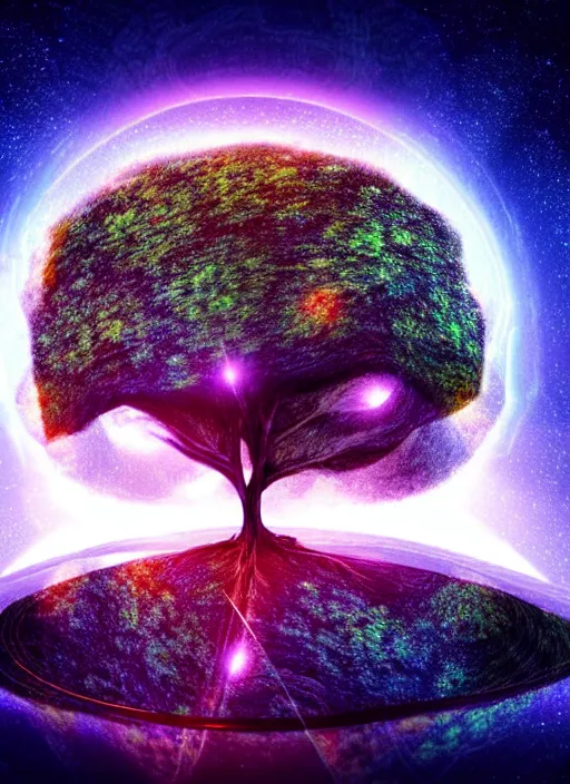 Image similar to high depth, collective civilization tree, calm, healing, resting, life, hybrids, scifi, glowing lights, published concept art, mixed medias, image overlays, sharp focus, winning illustration, eyes reflecting into eyes into infinity, singularity!!!, 3 6 0 projection, art in the style of all