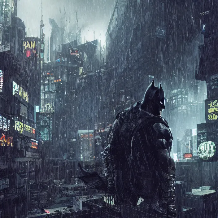 Prompt: dark batman, in drak style cyberpunk city, by neill blomkamp director film, extreamly detailed, photorealism, photography, raytracing, 8 k, octane render, hyperrealism, perfect composition, art top in artstation, by chris labrooy, rendered in rtx, ssao, fxaa, unreal engine