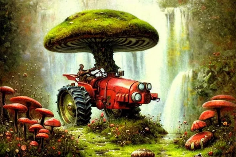 Prompt: adventurer ( ( ( ( ( 1 9 5 0 s retro future robot android mouse tractor in forrest of giant mushrooms, moss and flowers stone bridge waterfall. muted colors. ) ) ) ) ) by jean baptiste monge!!!!!!!!!!!!!!!!!!!!!!!!! chrome red