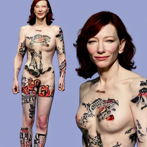 Image similar to high resolution image of cate blanchett with full body japanese tattoo , highly detailed, photorealistic, 4k