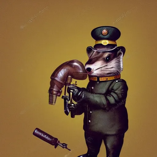 Prompt: beaver wearing russian military uniform with a drill for an arm