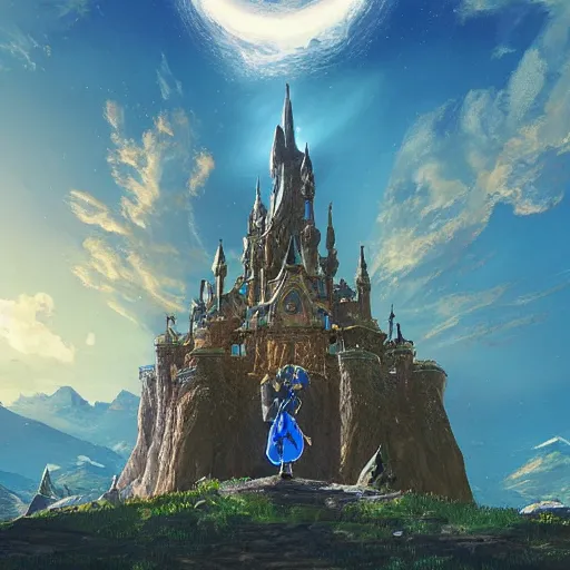 Image similar to An imposing and highly ornamented fantasy castle, Carved from Sapphire stone, Atmosphere, Dramatic lighting, Beautiful Landscape, Epic composition, Wide angle, by Miyazaki, Nausicaa Ghibli, Breath of The Wild