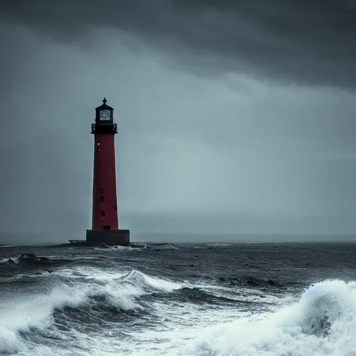 Image similar to award winning photograph of a lighthouse being battered by stormy seas, dark, moody, cinematic, 8k