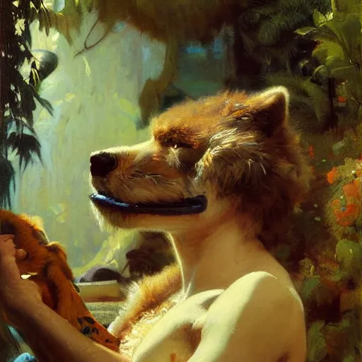 Image similar to a portrait of an very furry human with an animal's head in the pool, furry body, furry arms, furry legs, furry tail. highly detailed painting by gaston bussiere, craig mullins, j. c. leyendecker, furry