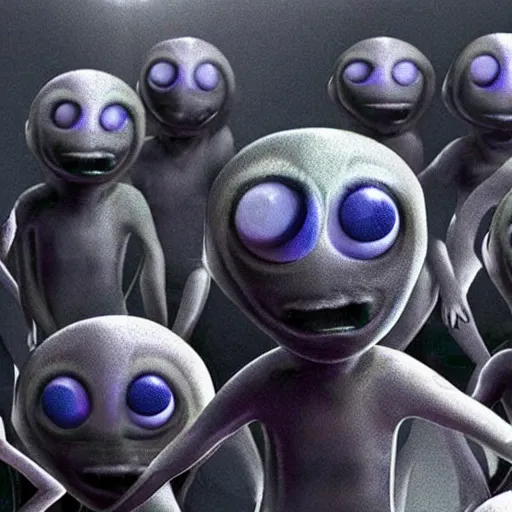 Prompt: grey aliens with large eyes watching over an enslaved humanity