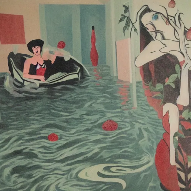 Image similar to tall female emo vegan socialist artist in their flooded apartment, painting of flood waters inside an artist's home, a river flooding indoors, pomegranates, pigs, ikebana, zen, water, octopus, river, rapids, waterfall, black swans, canoe, berries, acrylic on canvas, surrealist, by magritte and monet