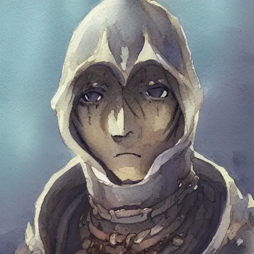 Prompt: A watercolor portrait of a character from Dark Souls, 4k, in the style of Studio Ghibli, trending on artstation, tasteful, bokeh, hyperrealistic, highly detailed, good proportions