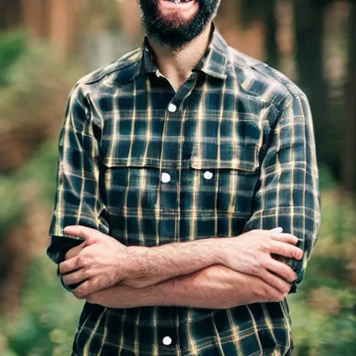 Prompt: Man in his 30s with a beard, wearing lumberjack shirt, smiling, touching his thick glasses