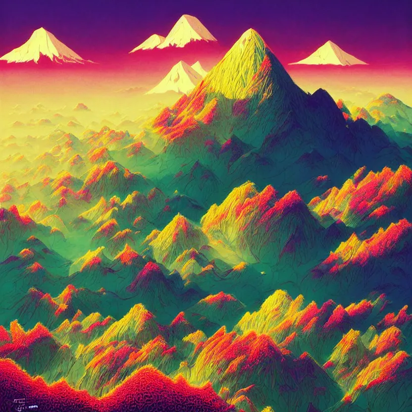 Image similar to kinabalu peak, summer morning, very coherent and colorful high contrast, art by! gediminas pranckevicius! geof darrow,!!! pastel color!!!, volumetric lighting, cinematic, floralpunk screen printing woodblock, dark shadows, hard lighting, stippling art