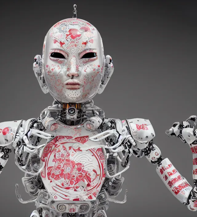 Image similar to full body portrait of a highly advanced digital robot with a porcelain japanese geisha face mask with kanji tattoos and decals, japanese model, octane render, intricate details, ultra realistic, dramatic lighting