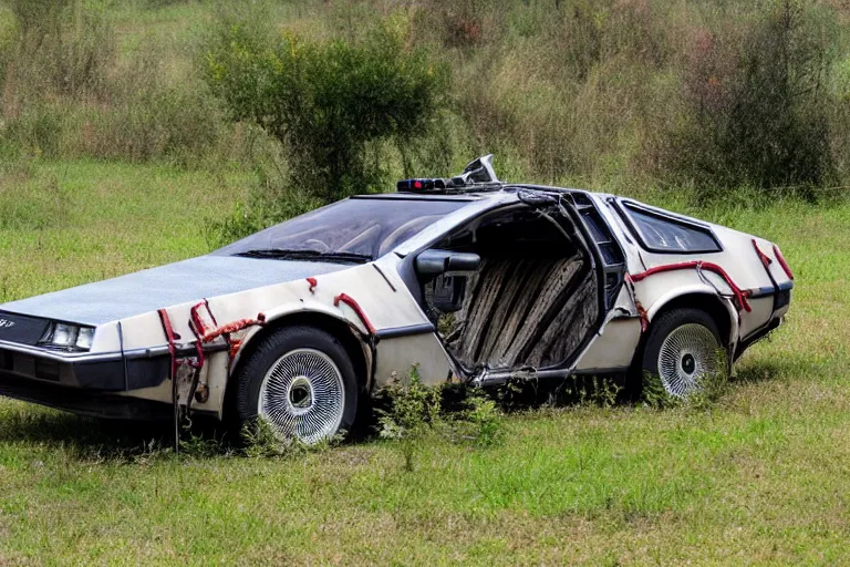 Image similar to abandoned 2 0 2 2 delorean time machine in a field