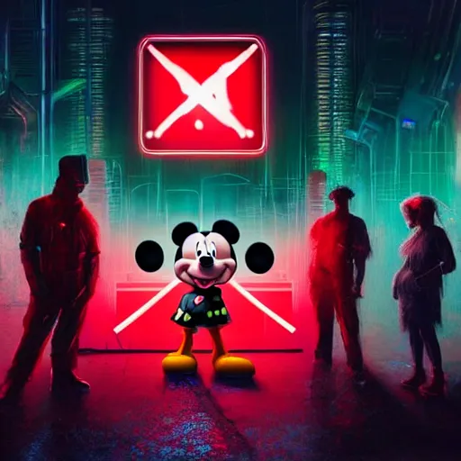 Image similar to a group of people standing around a giant bloody wounded mickey mouse, neon netflix logo, cyberpunk art by david lachapelle, cgsociety, sots art, dystopian art, reimagined by industrial light and magic, dark concept art