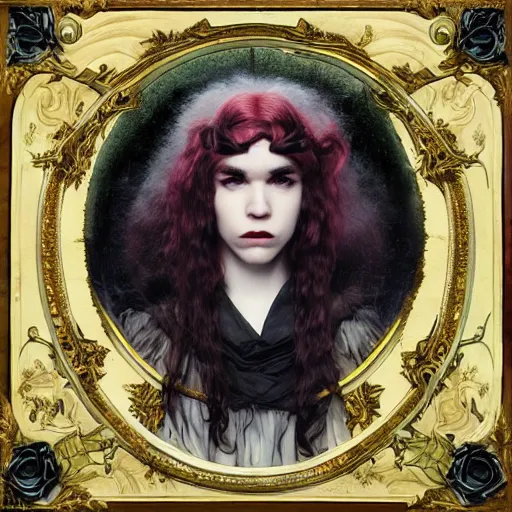 Prompt: album cover of Grimes as a highly detailed super villain character, in a romantic pre-raphaelite style, concept matte