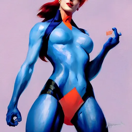 Image similar to Greg Manchess portrait painting of Mystique as Overwatch character, medium shot, asymmetrical, profile picture, Organic Painting, sunny day, Matte Painting, bold shapes, hard edges, street art, trending on artstation, by Huang Guangjian and Gil Elvgren and Sachin Teng