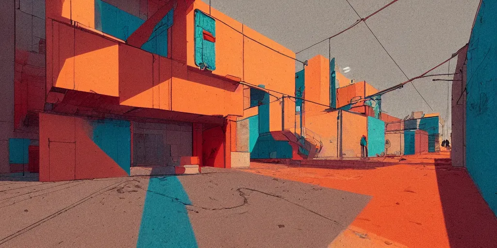 Prompt: neo brutralism, concrete housing, concept art, colorful, orange red and turquoise tones, light, shadows, reflections, 3D, in the style of Akihiko Yoshida and Edward Hopper