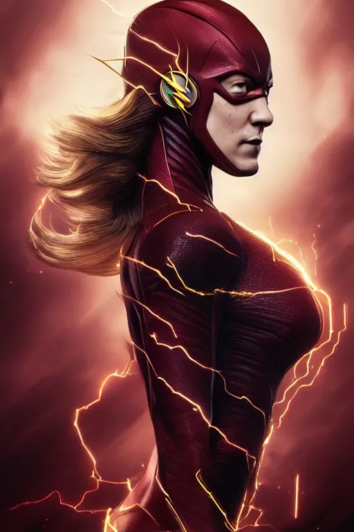 Image similar to Majestic and regal portrait of a female The Flash, DC universe, Perfect face, beautiful, intricate, epic, elegant, menacing, fantasy, highly detailed, digital painting, hard focus, beautiful volumetric lighting, epic light, ultra detailed, by Leesha Hannigan, Ross Tran, Thierry Doizon, Kai Carpenter, Ignacio Fernández Ríos