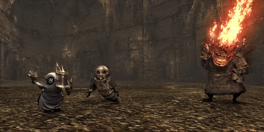 Image similar to minion as a darksouls boss, horror, hd, screenshot,