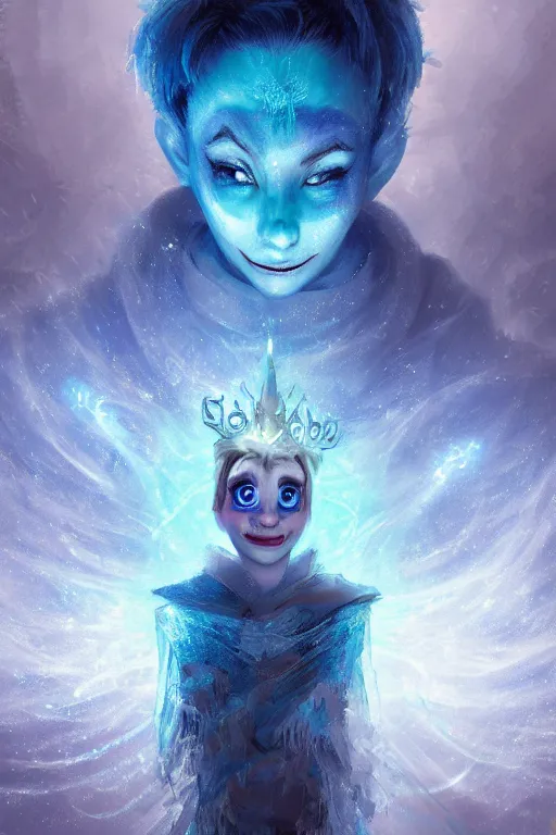 Image similar to frozen jester clown mage wizard, eyes glowing blue, heavenly stars in the background, is at dawn and bluish, fantasy, intricate, elegant, digital painting, highly detailed, artstation, sharp focus, illustration, concept art, ruan jia, steve mccurry