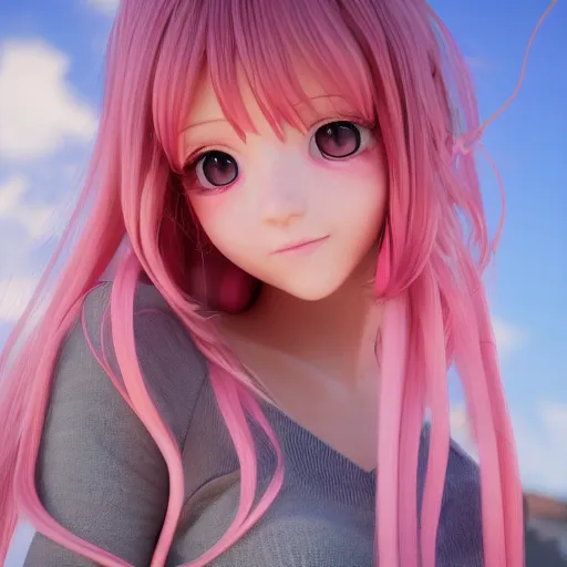 Image similar to Render of a cute 3d anime girl, long pink hair, full bangs, hazel eyes, cute freckles, soft smile, golden hour, beach setting, medium shot, mid-shot, trending on Artstation, Unreal Engine 4k