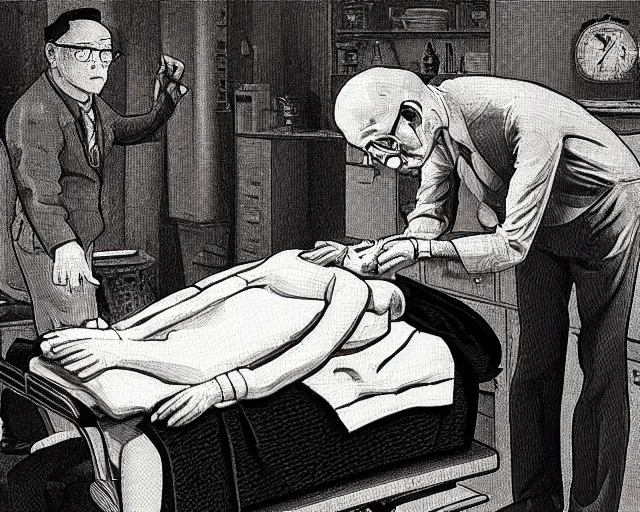 Image similar to the famous snake oil salesman Uncle Aloysius curing a patient of their bearishness, painting by Grant Wood, 3D rendering by Beeple, sketch by R. Crumb