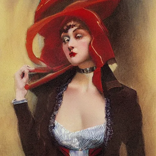 Prompt: Orville Houghton Peet and William Simpson and Jean Gautier victorian genre painting portrait painting of a young beautiful woman marverl DC comic book character fantasy costume, red background