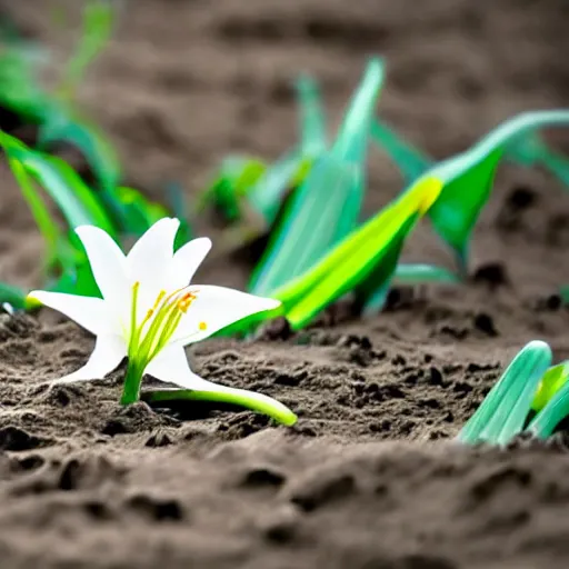 Prompt: a lone lily growing in a field of mud, realistic water colour
