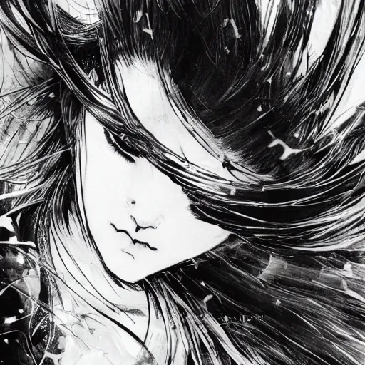 Image similar to yoji shinkawa blurred and dreamy illustration of an anime girl with black eyes, wavy white hair fluttering in the wind wearing elden ring armor and crown with engraving, abstract black and white patterns on the background, art by yoshitaka amano, noisy film grain effect, highly detailed, renaissance oil painting, weird portrait angle, blurred lost edges, three quarter view