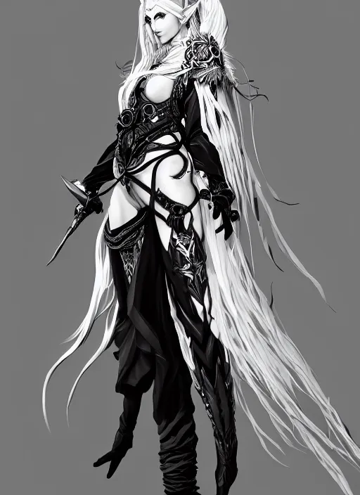 Image similar to Full body portrait of a beautiful elven female mage with black and white hair in ornate gray mage robe. In style of Yoji Shinkawa and Hyung-tae Kim, trending on ArtStation, dark fantasy, great composition, concept art, highly detailed.