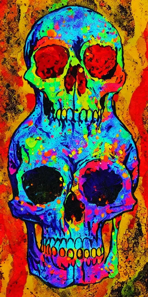 Prompt: intricate skull with dots of paint melting in to a colorful painting made of gouache impasto