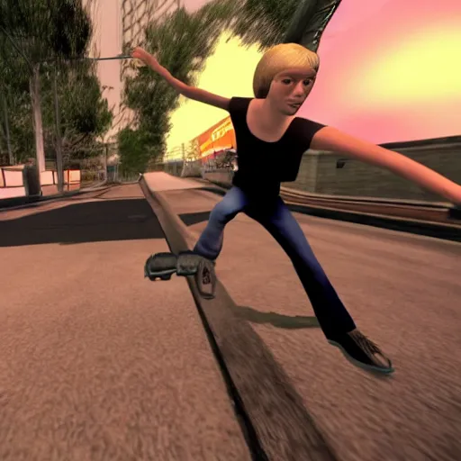 Prompt: Chloe Sevigny gives you a quest in Tony Hawk's Pro Skater 3, 3rd person POV, gameplay screenshot, PS2