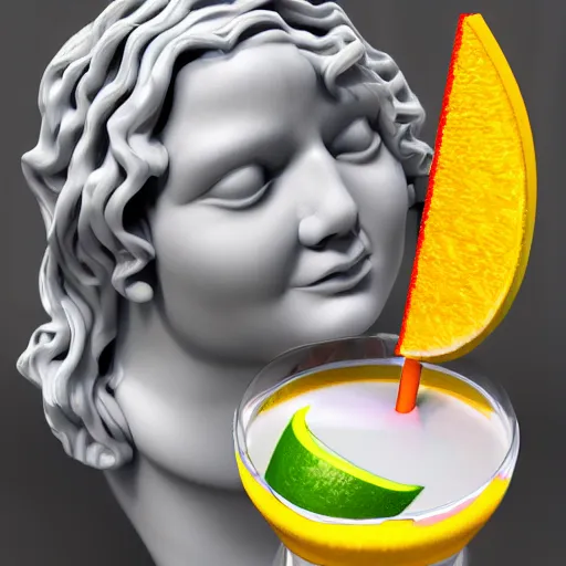 Image similar to close - up of a 3 d white marble human head holding a coctail, colorful coctail, digital illustration, 3 d render, above the waist