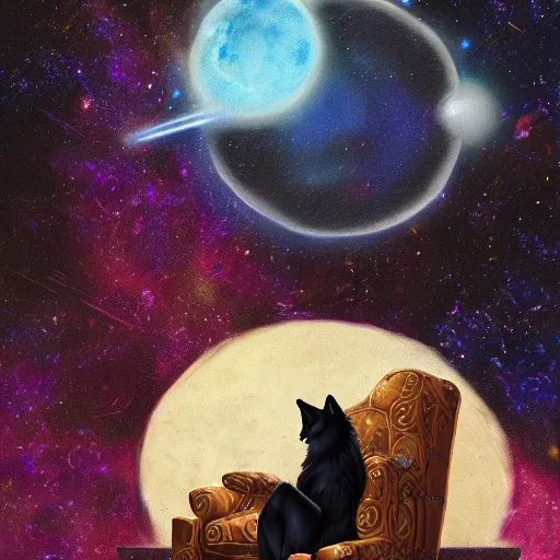 Prompt: a wolf like a human sitting on the chair in a galaxy, digital art, Marvel Comics, trending on ArtStation, detalied, high quality