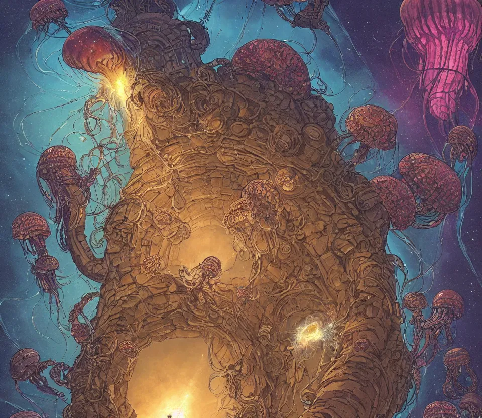 Image similar to a beautiful ultradetailed comic cover art of a gigantic carved stone-arched ancient portal to cosmic nebulae, with glowing jellyfish creatures and fireflies flying around, by Laurie Greasley and Peter Mohrbacher and Quentine Mabilles and Dan Mumford, tarot card art, detailed shading, cyberpunk, dramatic lighting