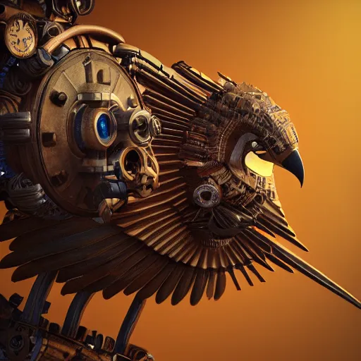Image similar to digital art of a steampunk hawk, his wings are full of gears and his beak is mechanic, Artstation contest winner, unreal engine 5, rendered with octane ray tracing
